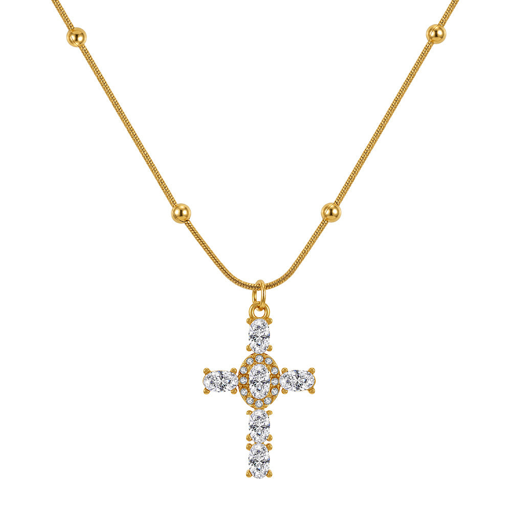 Stainless Steel Paved CZ Cross Necklace, Fully Paved Round Cubic Zirconia Cross Pendant, Beaded Snake Chain with Round Ball Station Accents