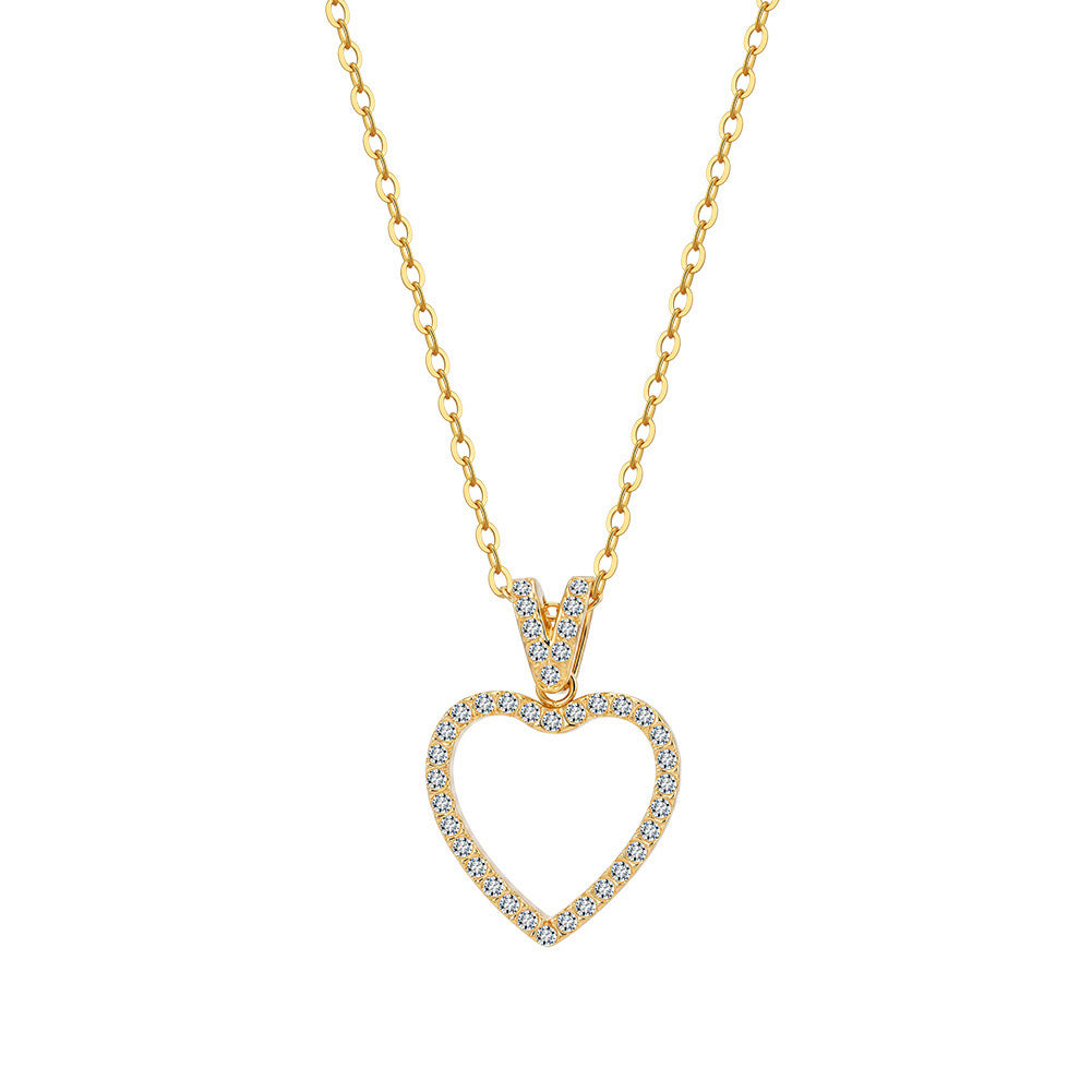 316 Stainless Steel Open Hollow Heart Necklace, Full Paved Sparkling Cubic Zirconia Outline, Dainty V-shaped CZ Paved Bail, Thin Cable Chain