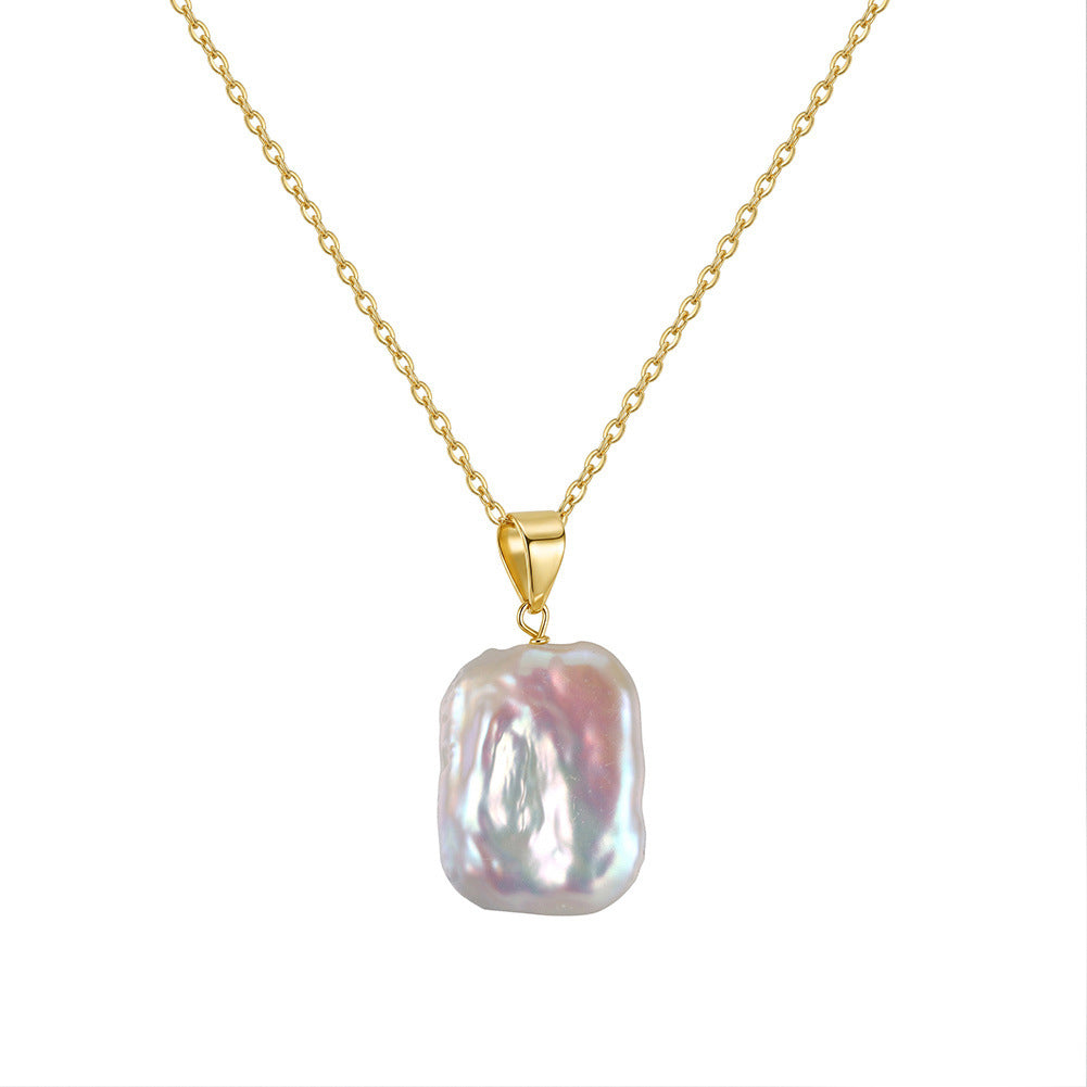S925 Sterling Silver Irregular Rectangle Baroque Pearl Pendant Necklace, Large Biwa Freshwater Pearl with Glossy Colorful Pearl Sheen