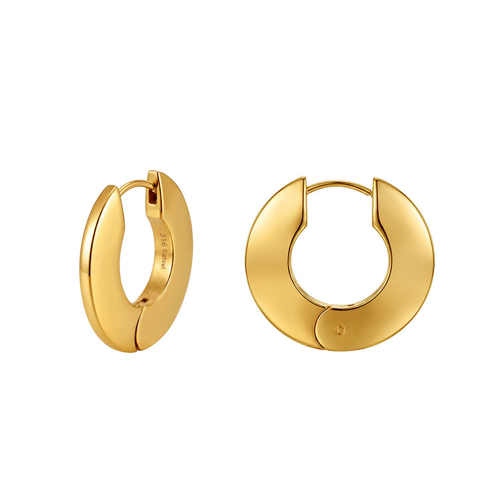 316 Stainless Steel Wide Flat Chunky Huggie Hoop Earrings, Thick Curved Band, Highly Polished Mirror Surface, Hinged Snap Lock, Bold Minimalist C-shaped Hoop Earrings