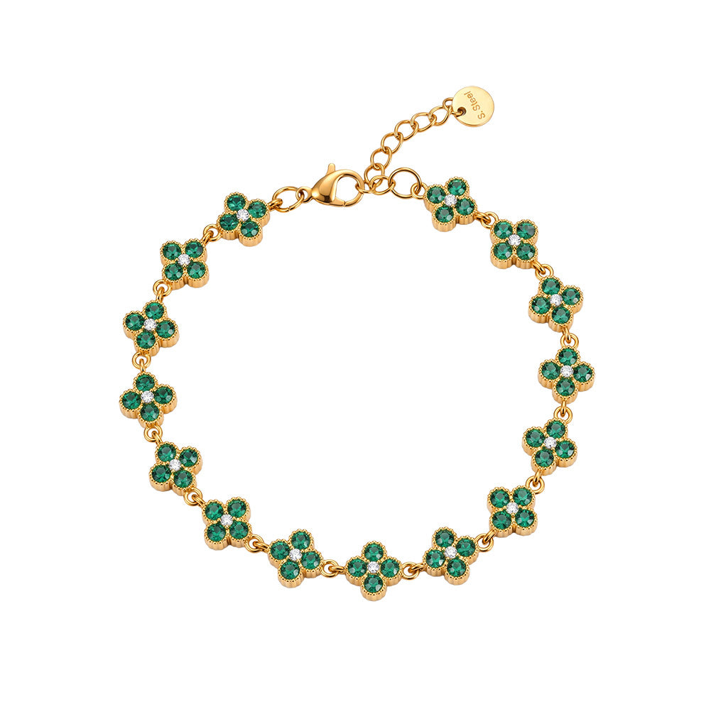 Stainless Steel Green CZ Four Leaf Clover Station Bracelet, Emerald Tone Clover Charm Adjustable Bracelet