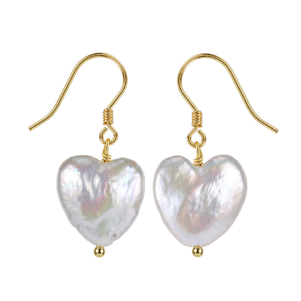 S925 Sterling Silver Fish Hook Heart Shaped Baroque Pearl Drop Earrings, Unique Heart Form Baroque Pearl with Gorgeous Rainbow Iridescent Orient Luster