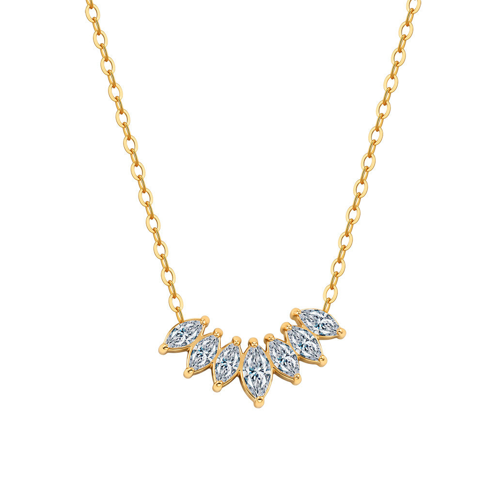 Stainless Steel Marquise CZ Curve Necklace, Six Sparkling Marquise Cut Cubic Zirconia Arranged in V-Shape Pendant, Dainty Link Chain