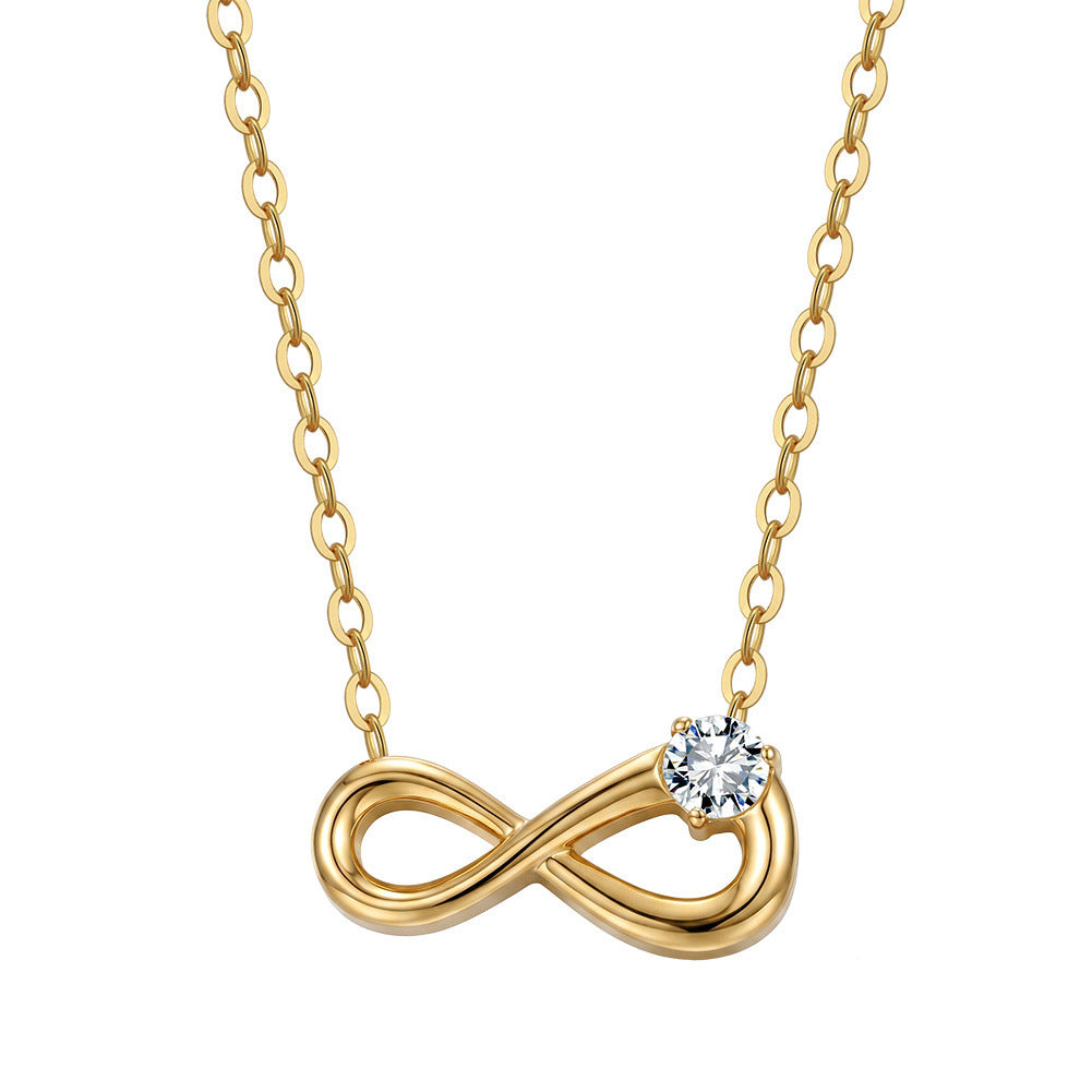 316 Stainless Steel Smooth Polished Infinity Pendant Necklace, Single Round Brilliant CZ Stone Setting, Minimalist Sleek Cable Chain