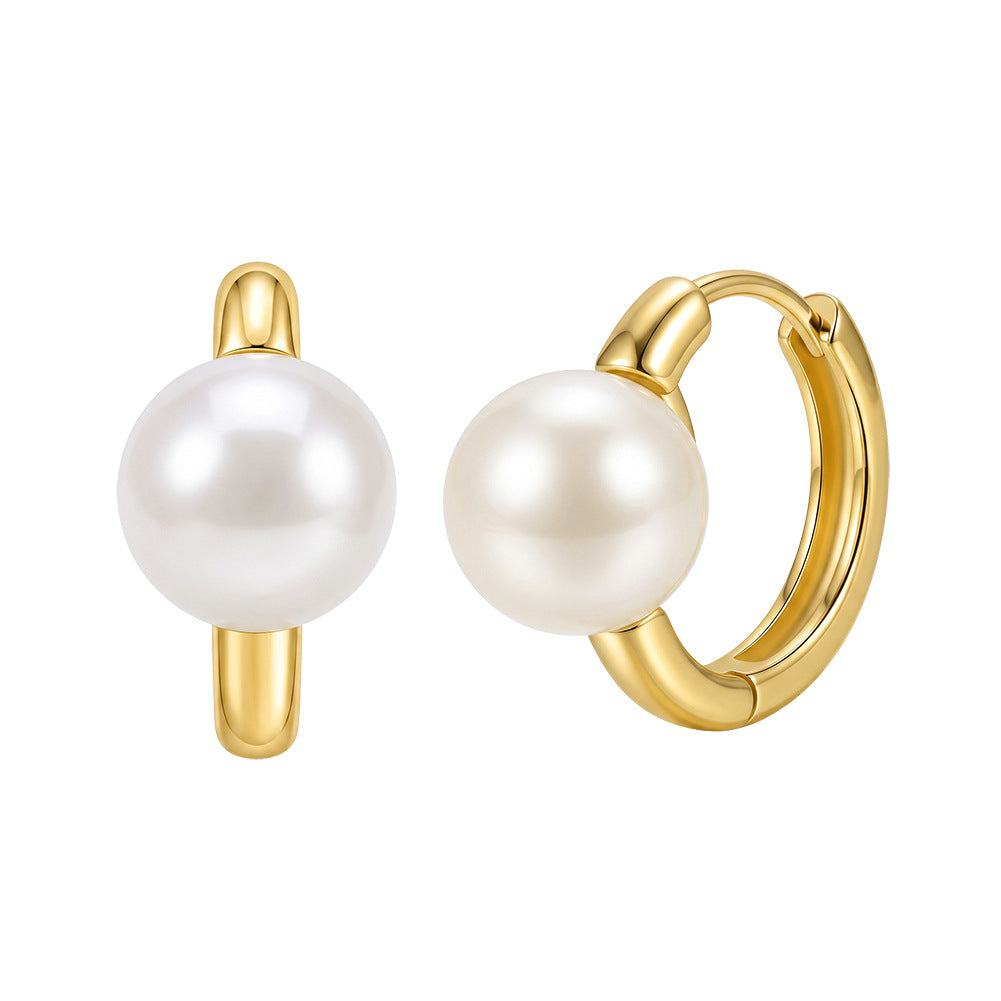 S925 Sterling Silver Single Pearl Huggie Hoop Earrings, Plump Round Pearl with Even Natural Lustre
