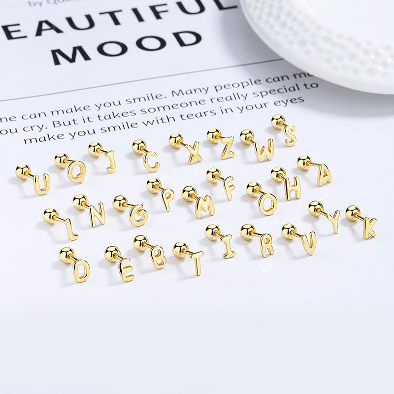 925 Sterling Silver Letter Screw Back Stud Earrings