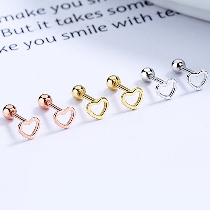 925 Sterling Silver Heart Screw Back Stud Earrings