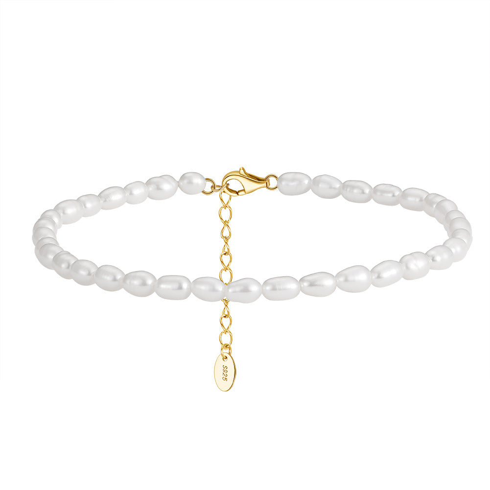925 Sterling Silver Freshwater Rice Pearl Fashion Anklet