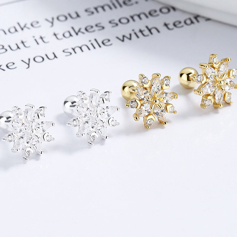 925 Sterling Silver Snowflake Screw Back Stud Earrings