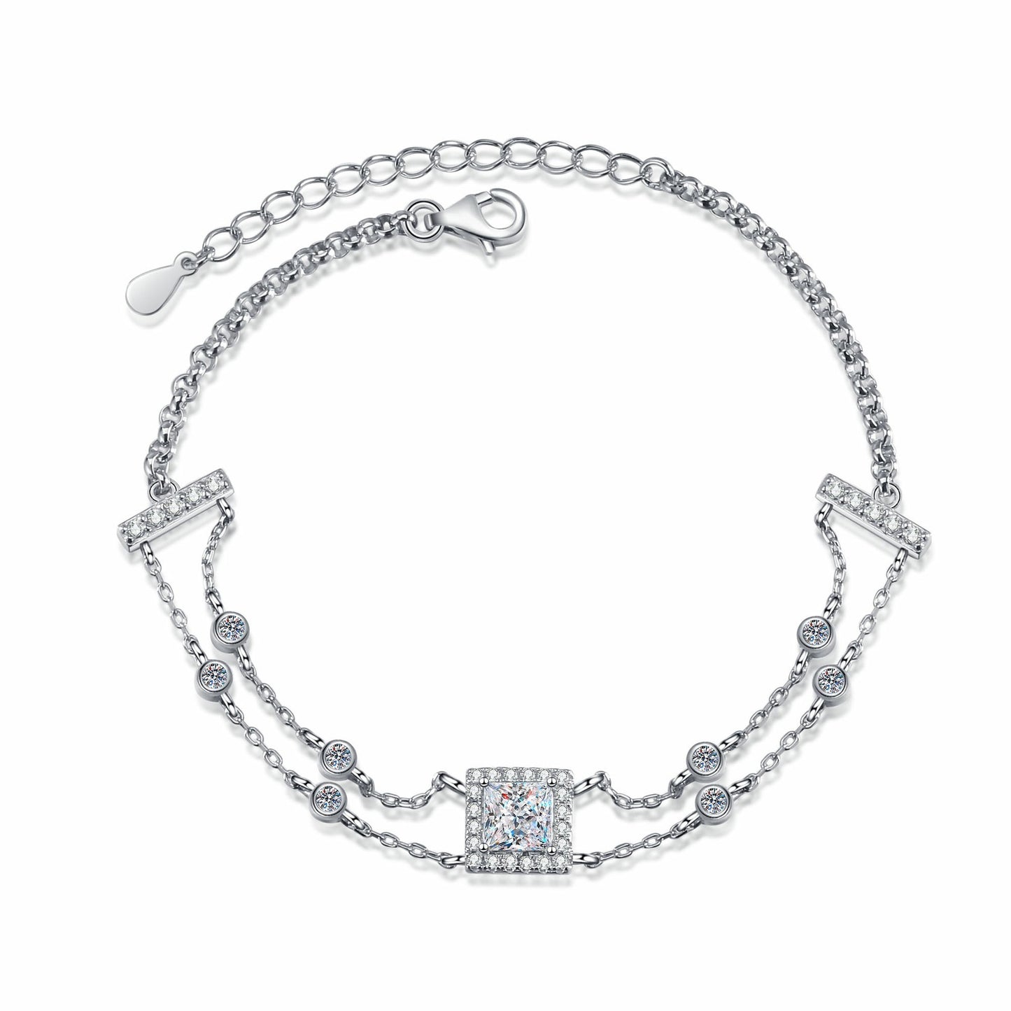 925 Sterling Silver Princess Moissanite Two layers Bracelet with Extension Chain for Women Girl