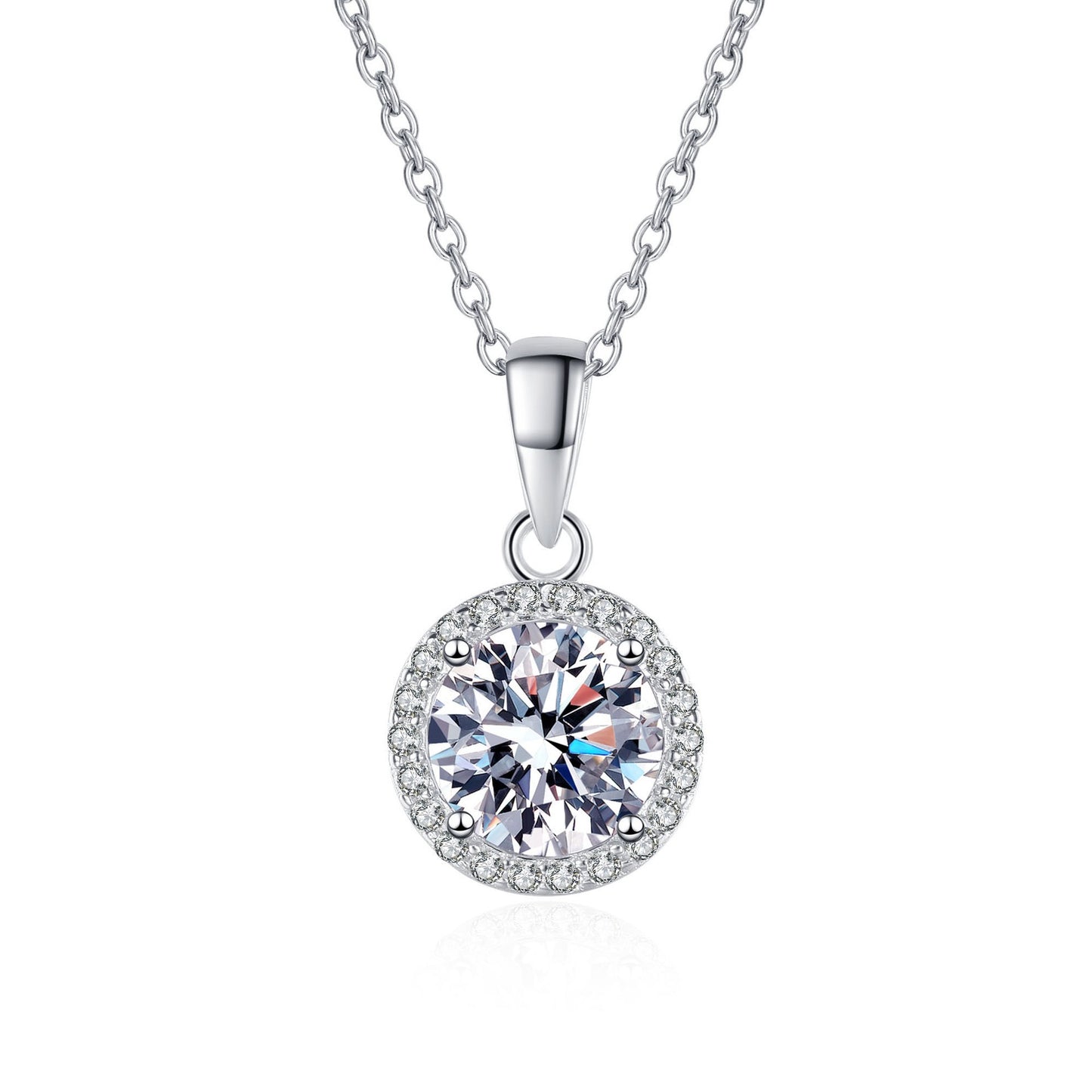 925 Sterling Silver 1ct Round Moissanite Halo Pendant Necklace
