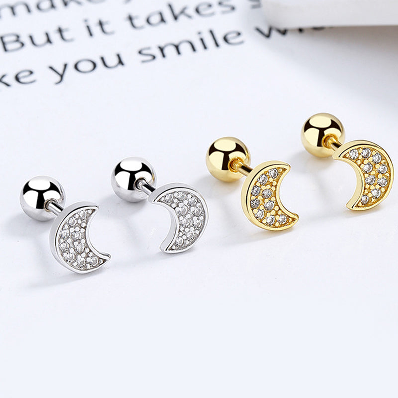 925 Sterling Silver Moon Screw Back Stud Earrings
