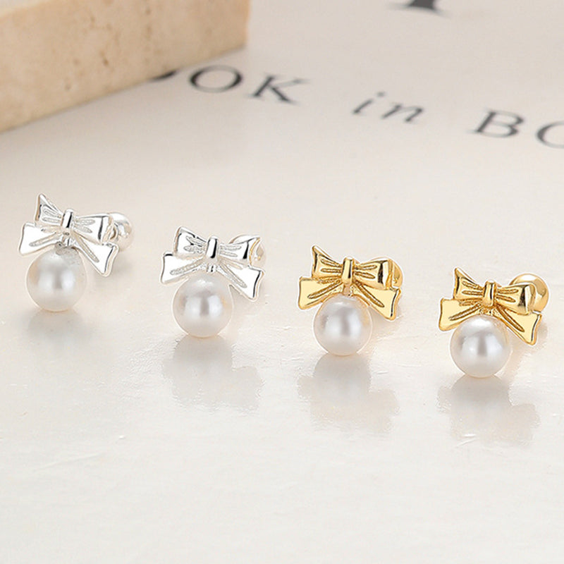925 Sterling Silver Pearl Screw Back Stud Earrings