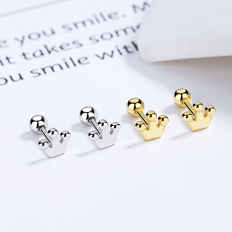 925 Sterling Silver Crown Screw Back Stud Earrings