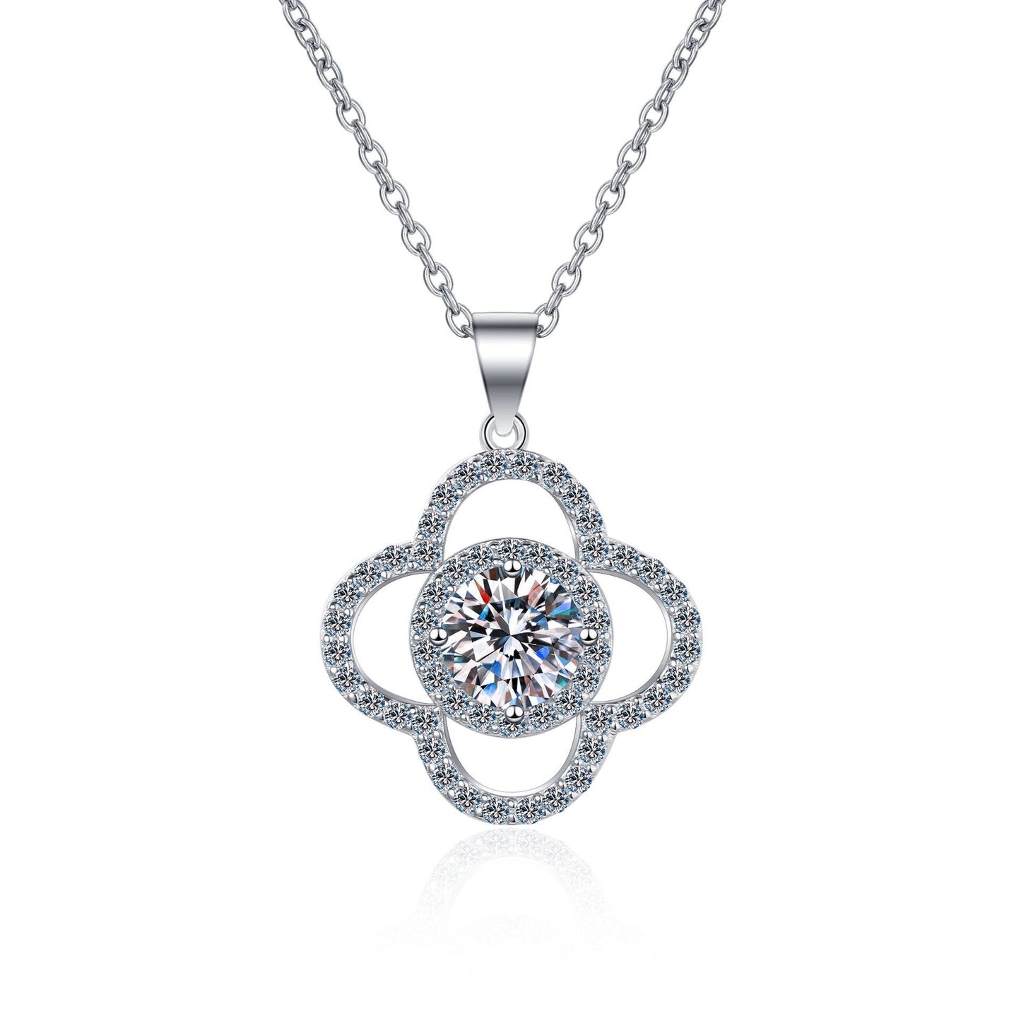 925 Sterling Silver Moissanite Four Leaf Halo Pendant Necklace