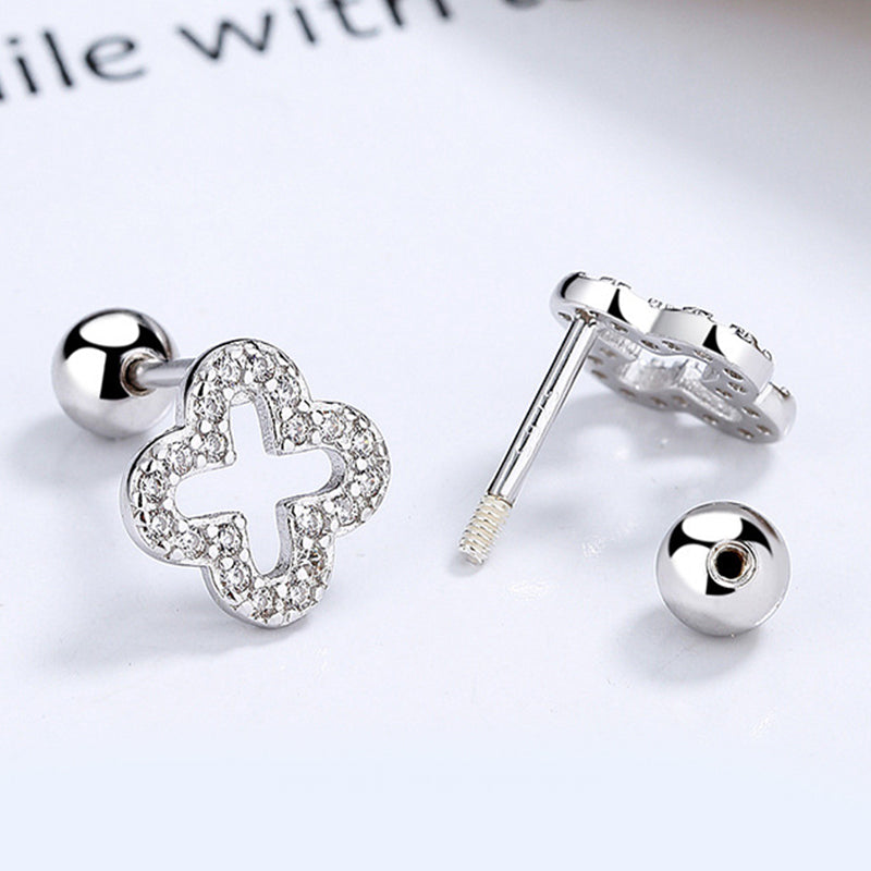 925 Sterling Silver Lucky Flower Screw Back Stud Earrings
