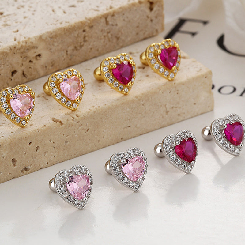 925 Sterling Silver Zircon Heart Screw Back Stud Earrings