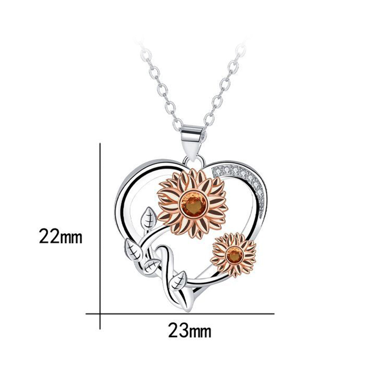 Copper With Silver/Rosgold Plated Heart Sunflower Pendant Necklace