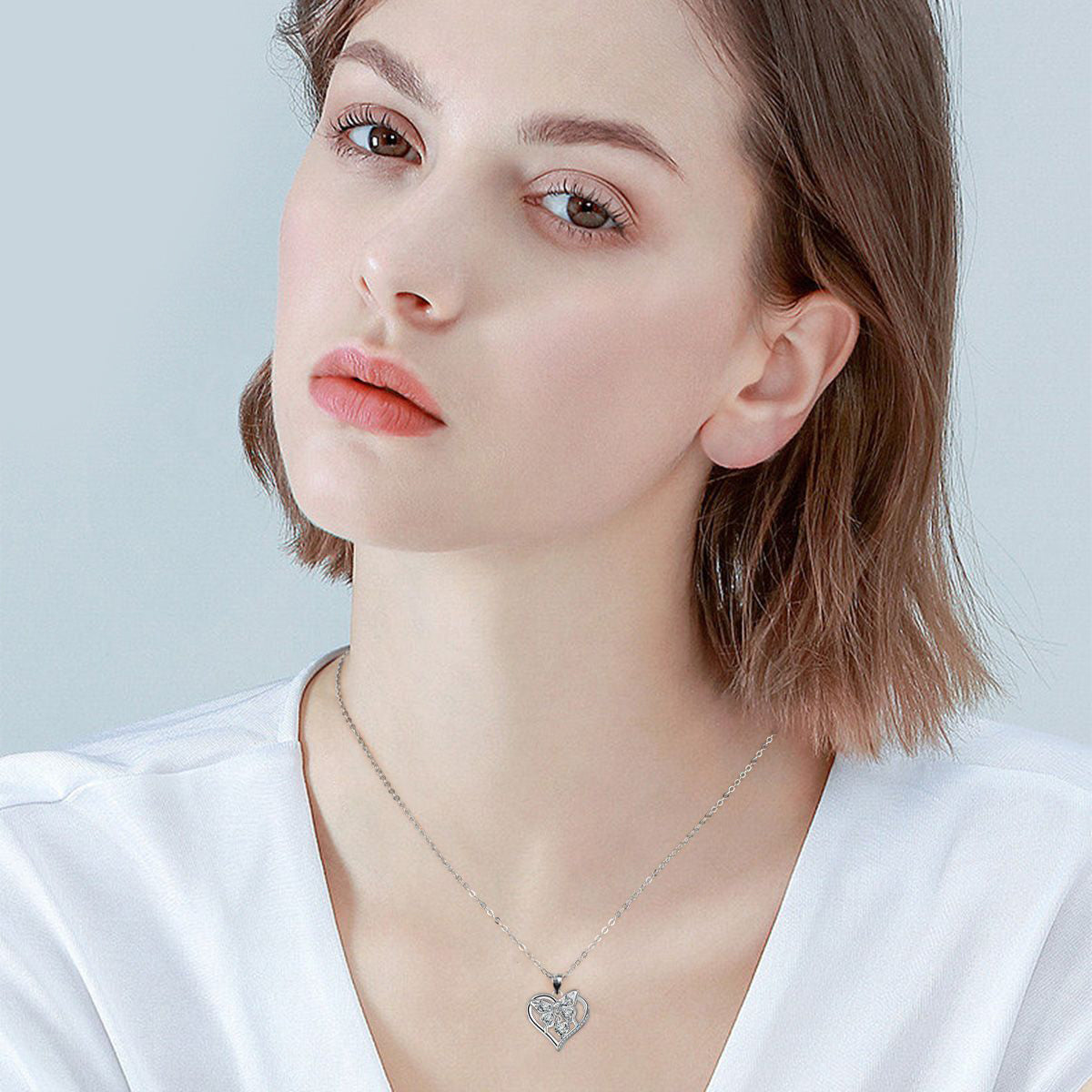 Copper With Silver Plated Heart Butterfly Pendant Necklace for Women