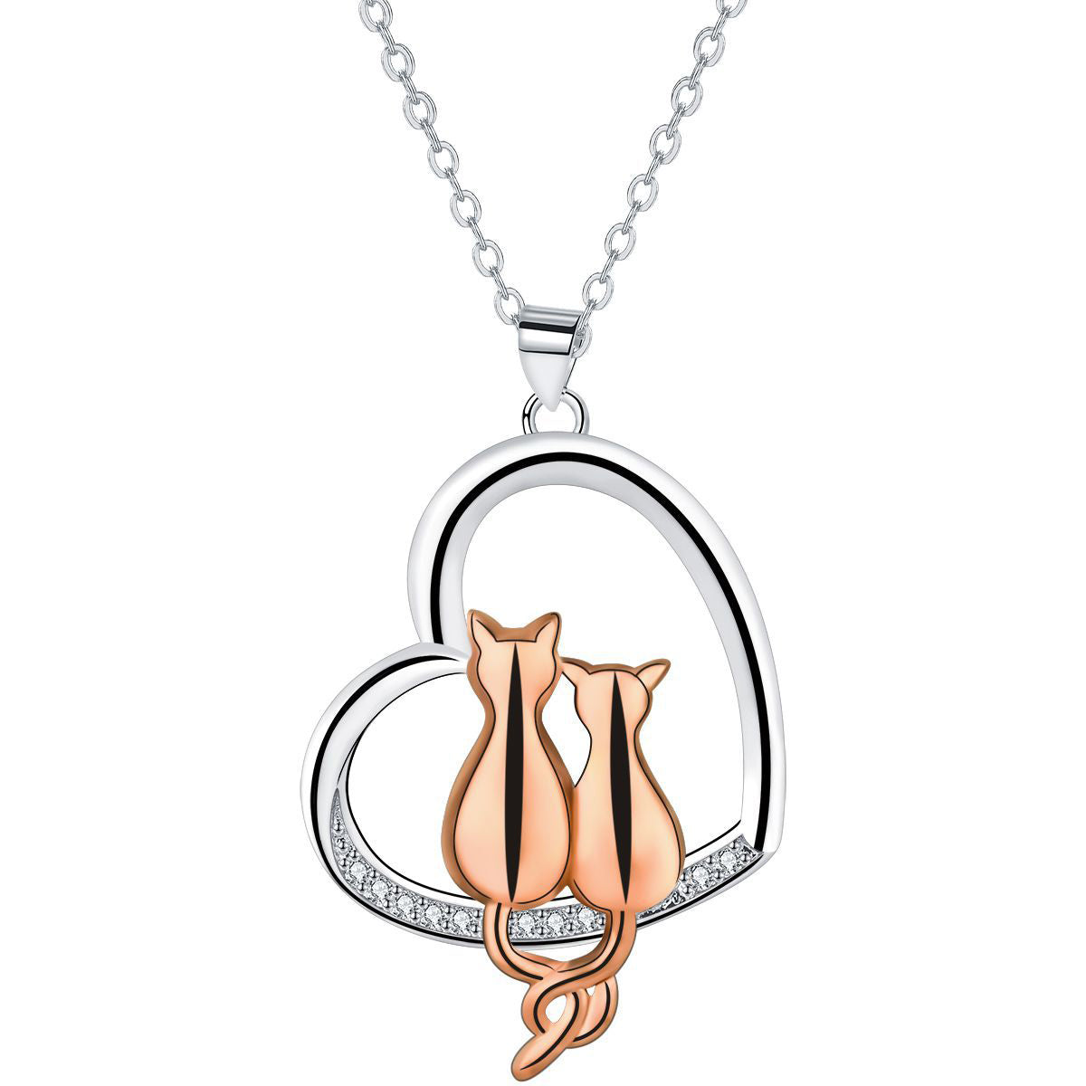 Copper With Silver/Rosgold Plated Heart Cats Pendant Necklace