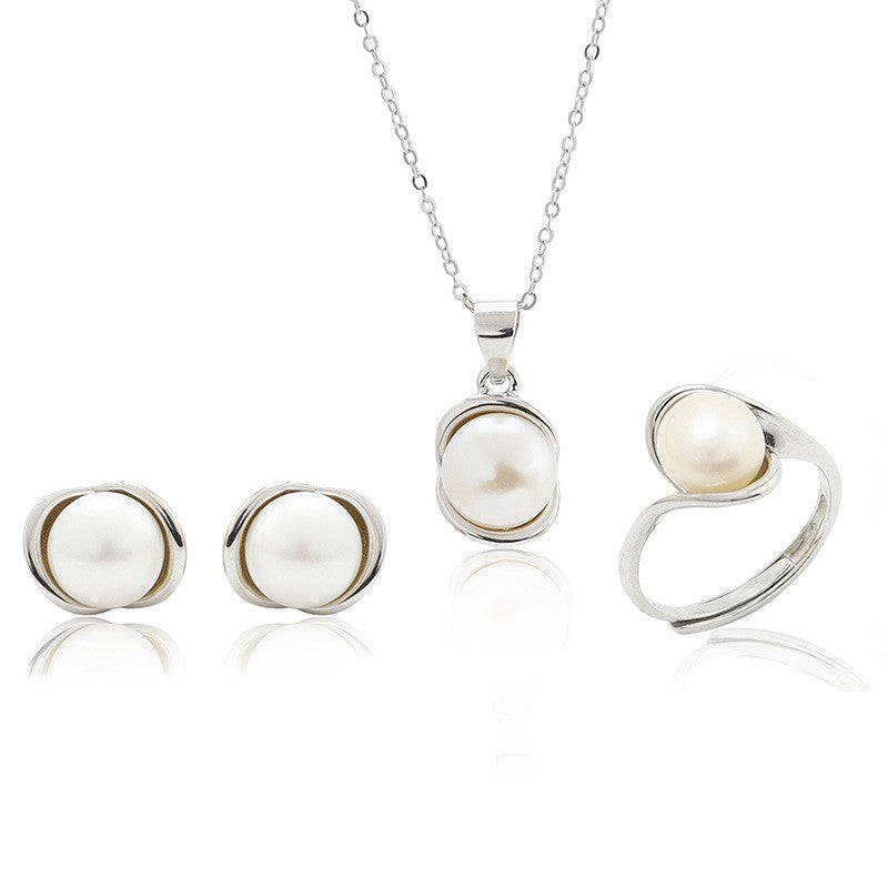 925 Sterling Silver Fashion Pearl Jewelry Set Gift for Women Girls