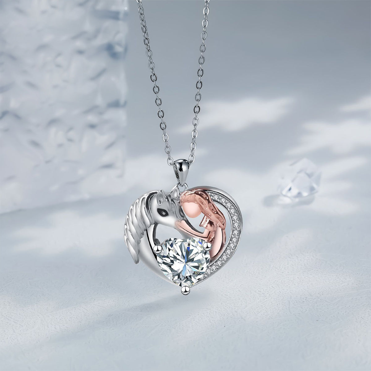 Copper With Silver/Rosegold Plated Girl and Unicorn Pendant Necklace