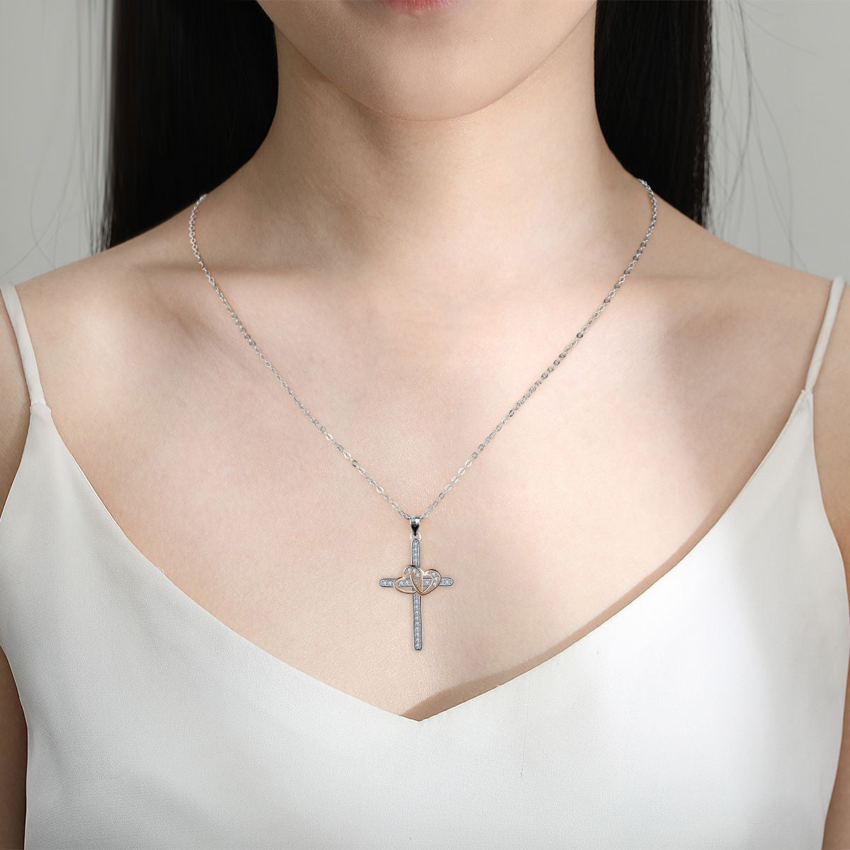 Copper With Silver/Rosegold Plated Cross Heart Pendant Necklace