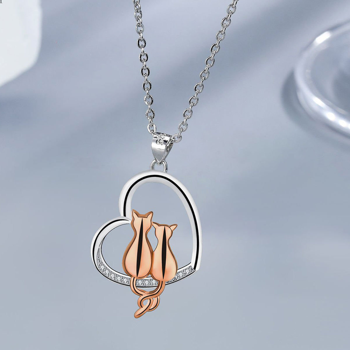 Copper With Silver/Rosgold Plated Heart Cats Pendant Necklace