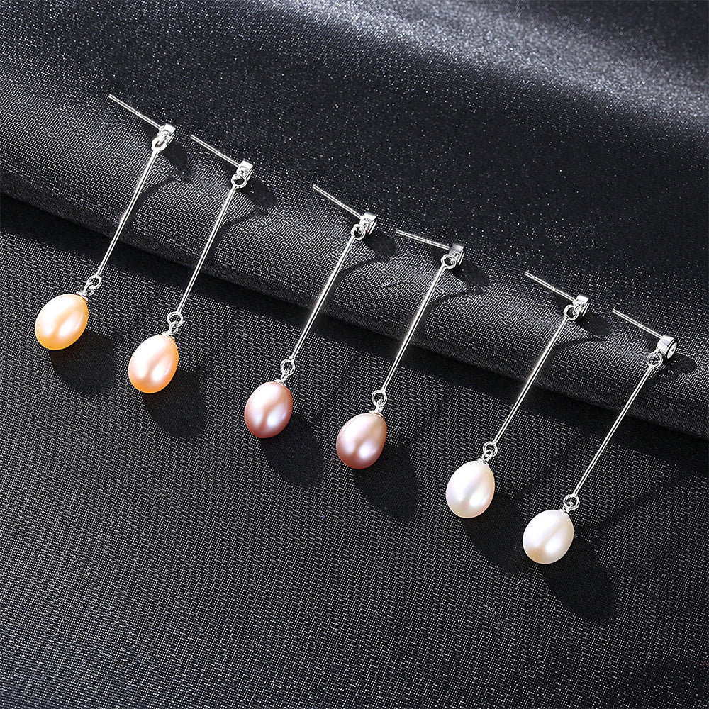 925 Sterling Silver Natural Pearl Long Drop Earrings Fashion Jewelry Gift for Women Girls