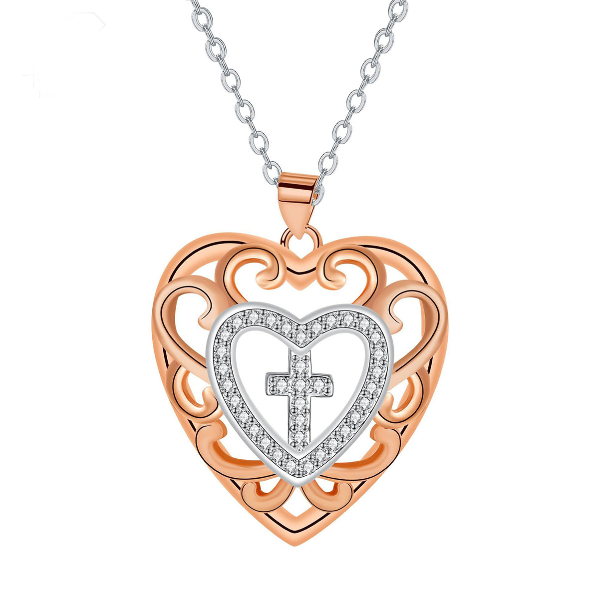 Copper With Silver/Rosegold Plated Heart Cross Pendant Necklace