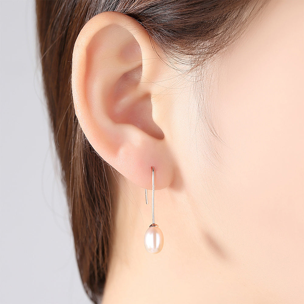925 Sterling Silver Natural Pearl Long Drop Earrings Fashion Jewelry Gift for Women Girls