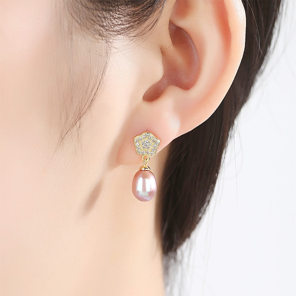 925 Sterling Silver Natural Pearl Long Drop Earrings Fashion Jewelry Gift for Women Girls