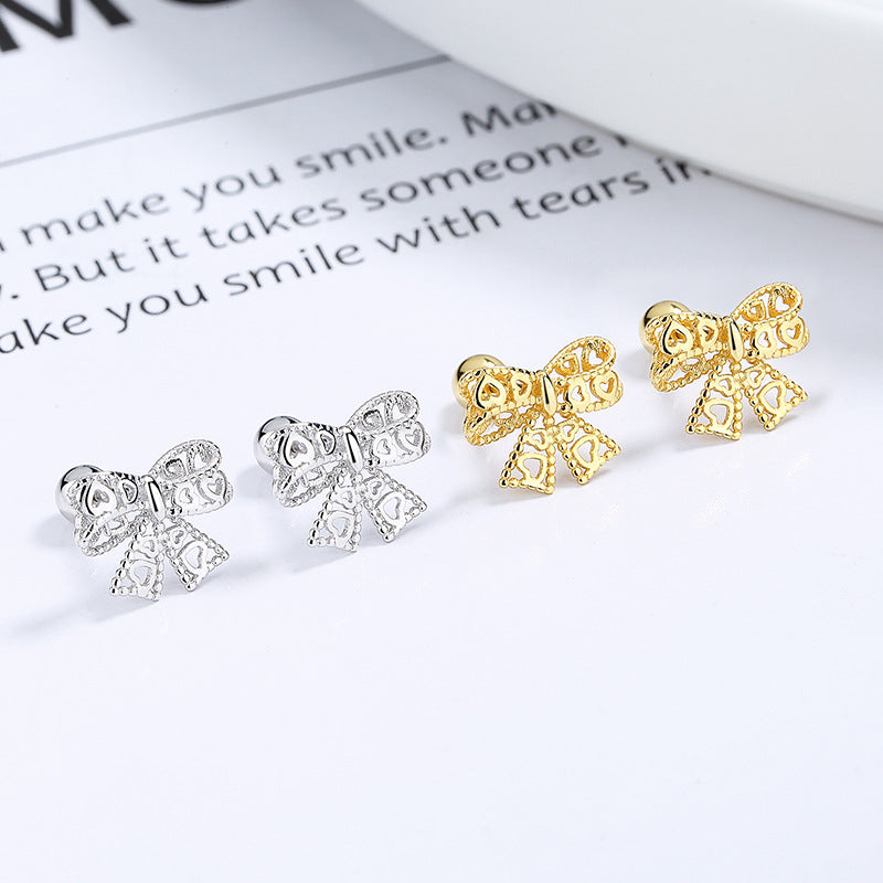 925 Sterling Silver Bow Screw Back Stud Earrings
