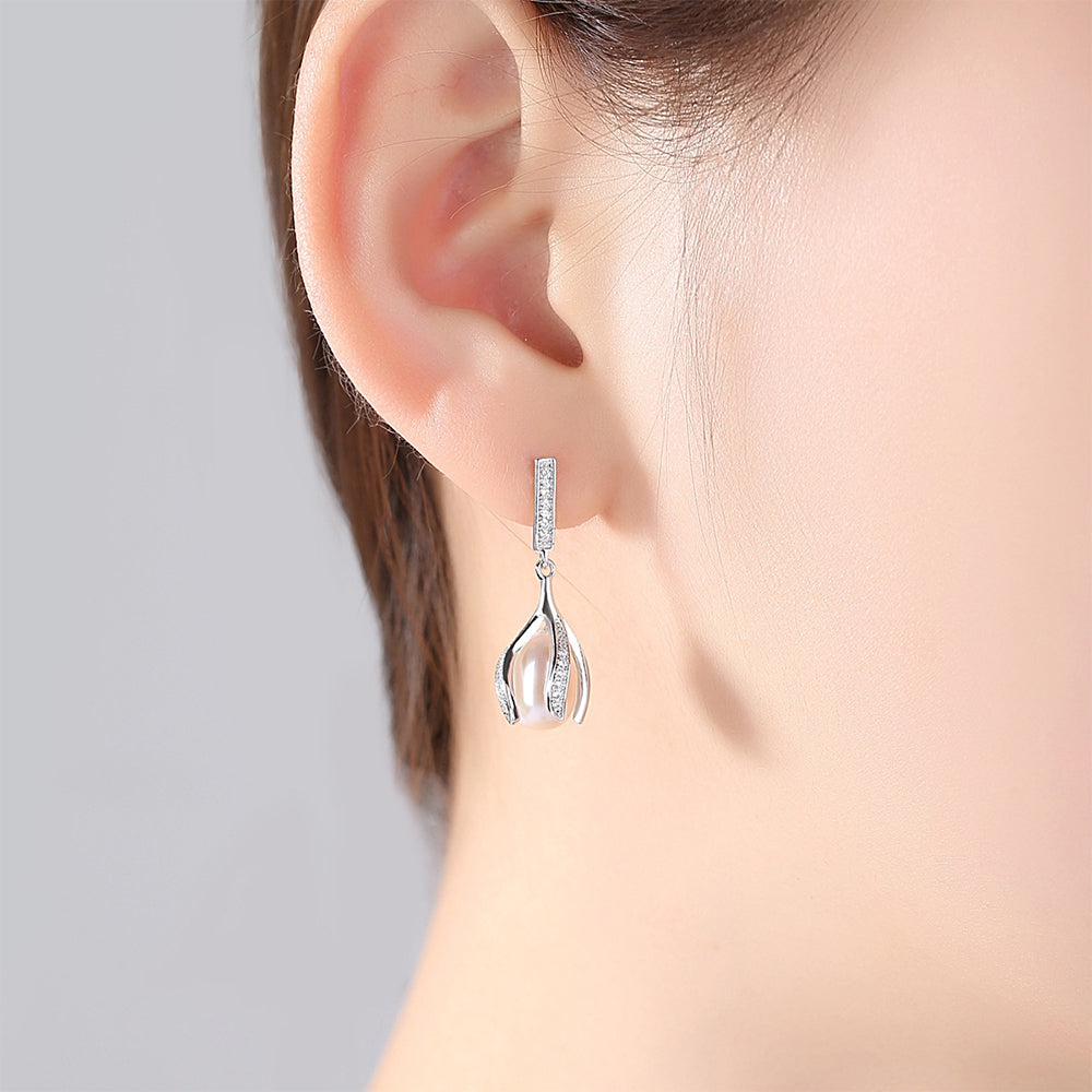 925 Sterling Silver Natural Pearl Drop Earrings Fashion Jewelry Gift for Women Girls