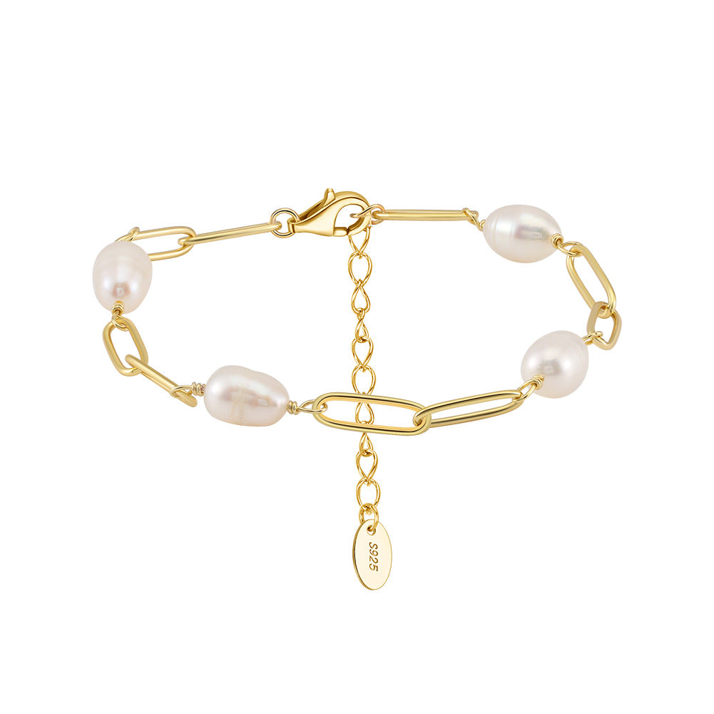 925 Sterling Silver Pearl Bracelet Fashion Jewelry Gift for Women Girls