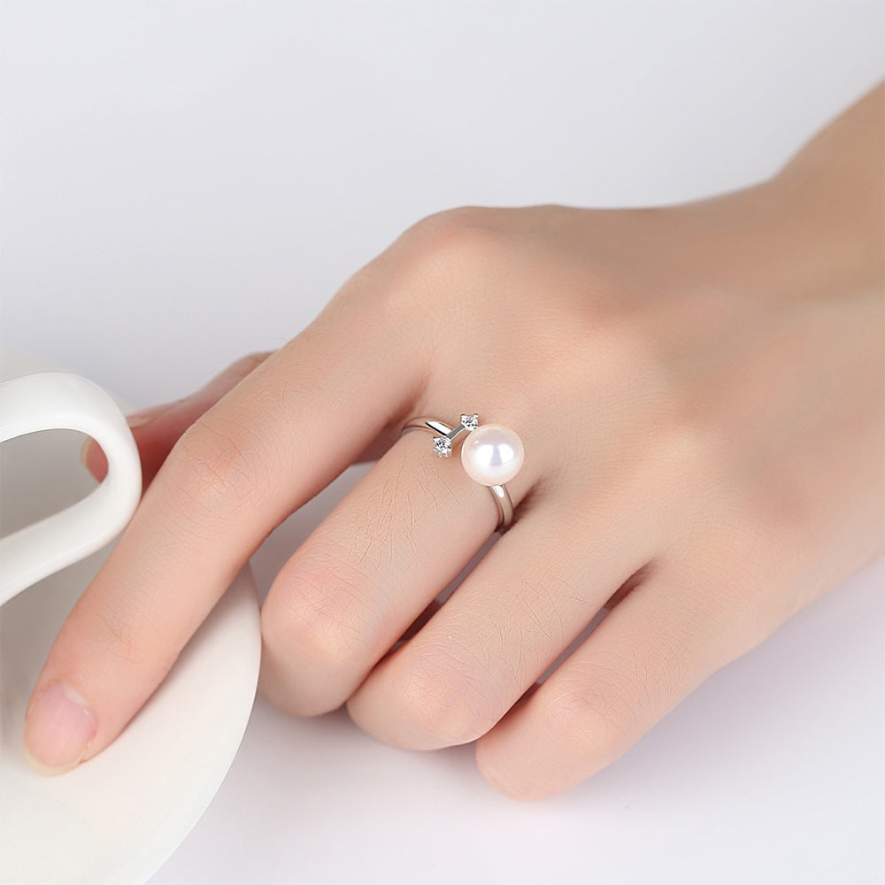 925 Sterling Silver Natural Pearl Ring Fashion Jewelry Gift for Women Girls