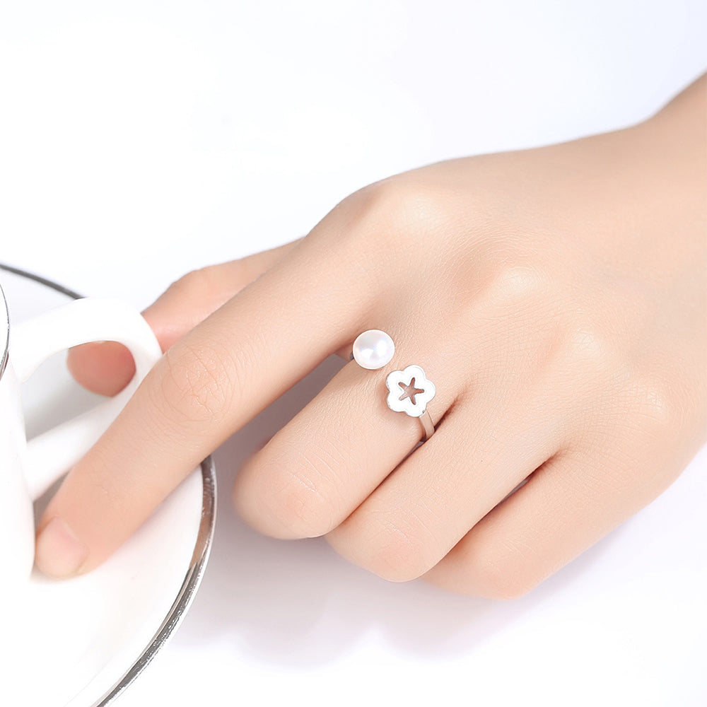 925 Sterling Silver Natural Pearl Ring Fashion Jewelry Gift for Women Girls
