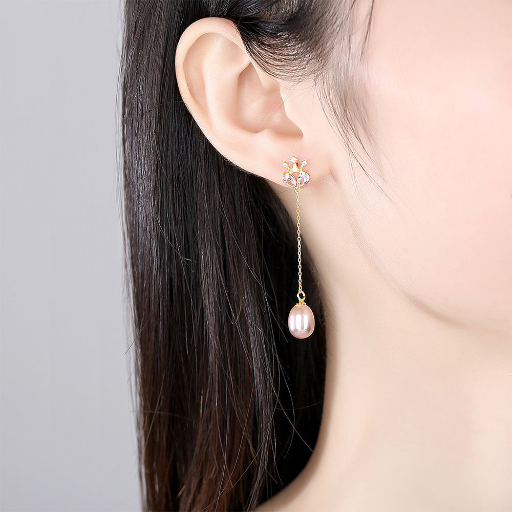925 Sterling Silver Natural Pearl Long Drop Earrings Fashion Jewelry Gift for Women Girls