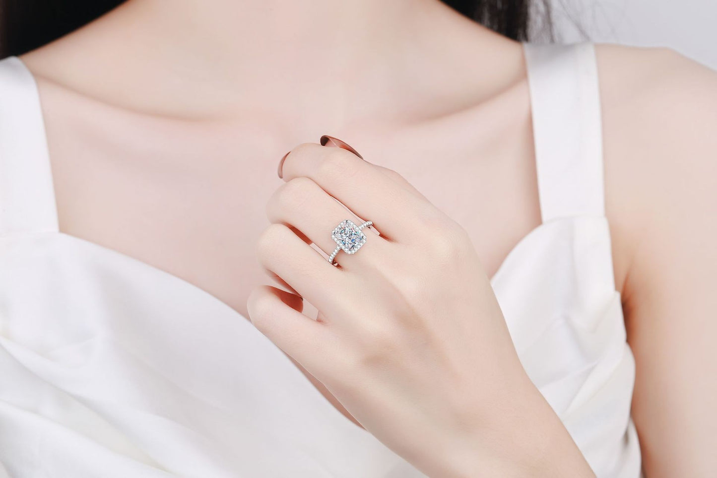 925 Sterling Silver Radiant/Emerald Moissanite Ring
