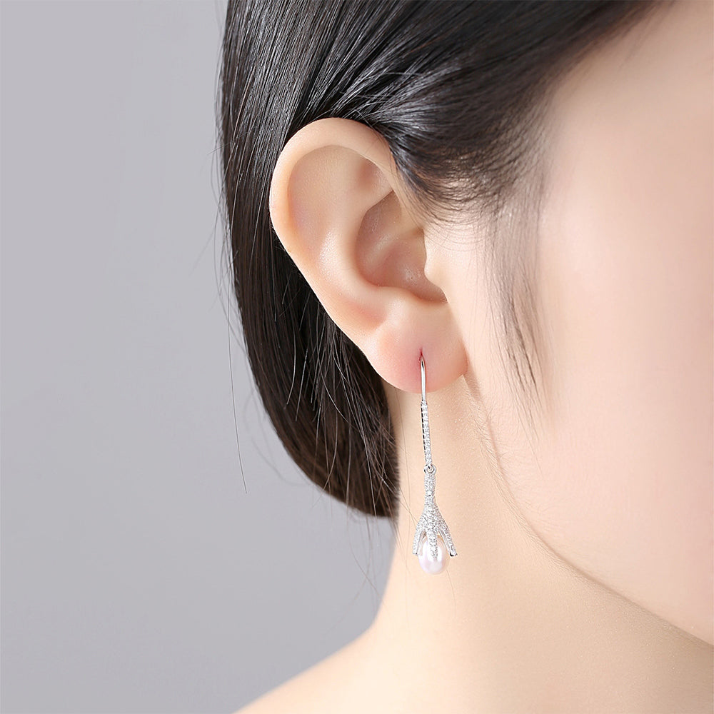 925 Sterling Silver Natural Pearl Drop Earrings Fashion Jewelry Gift for Women Girls