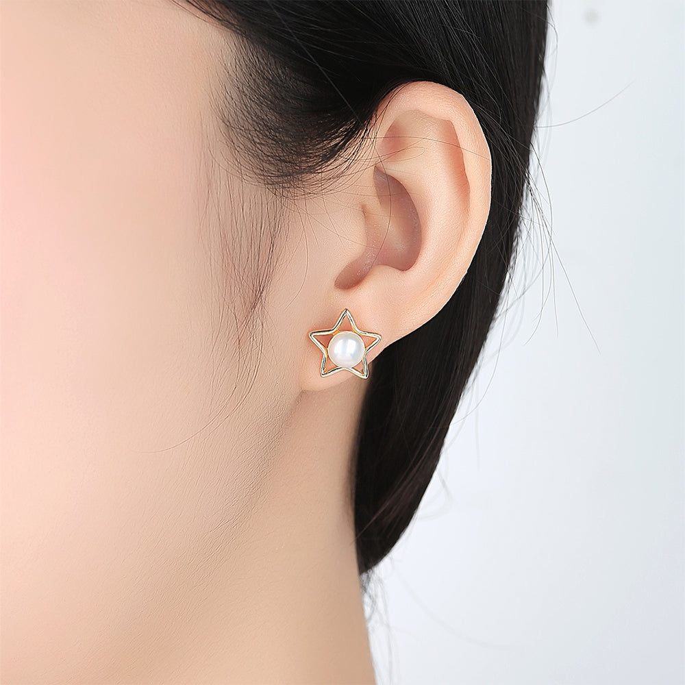 925 Sterling Silver Natural Pearl Star Earrings Fashion Jewelry Gift for Women Girls