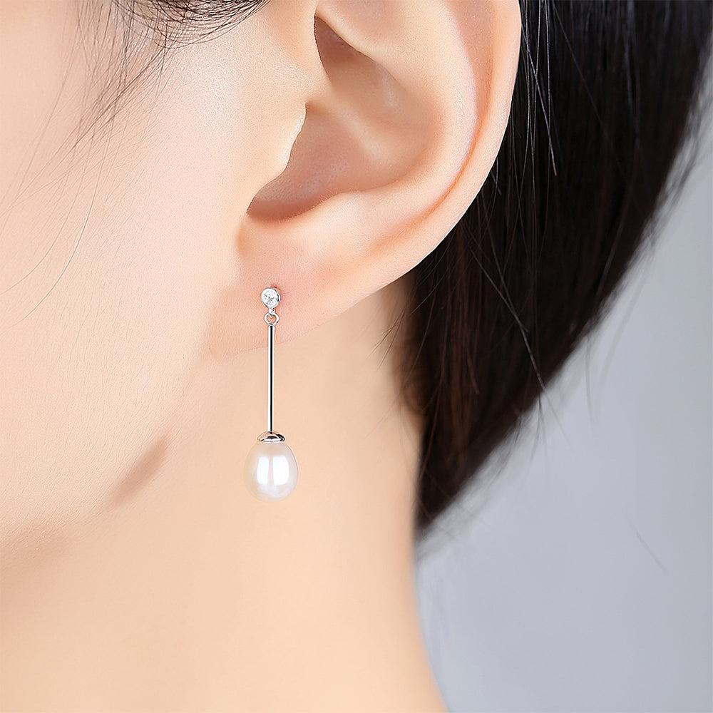 925 Sterling Silver Natural Pearl Long Drop Earrings Fashion Jewelry Gift for Women Girls