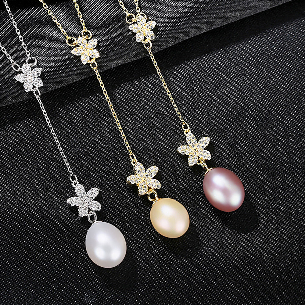 925 Sterling Silver Natural Pearl Drop Necklace Fashion Jewelry Gift for Women Girls