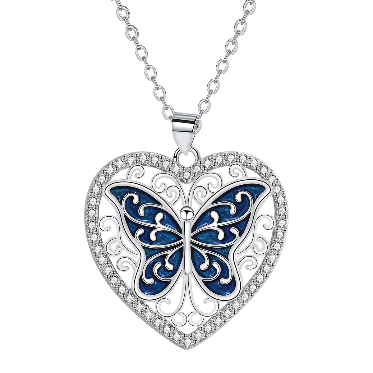 Copper With Silver Plated Heart Butterfly Pendant Necklace