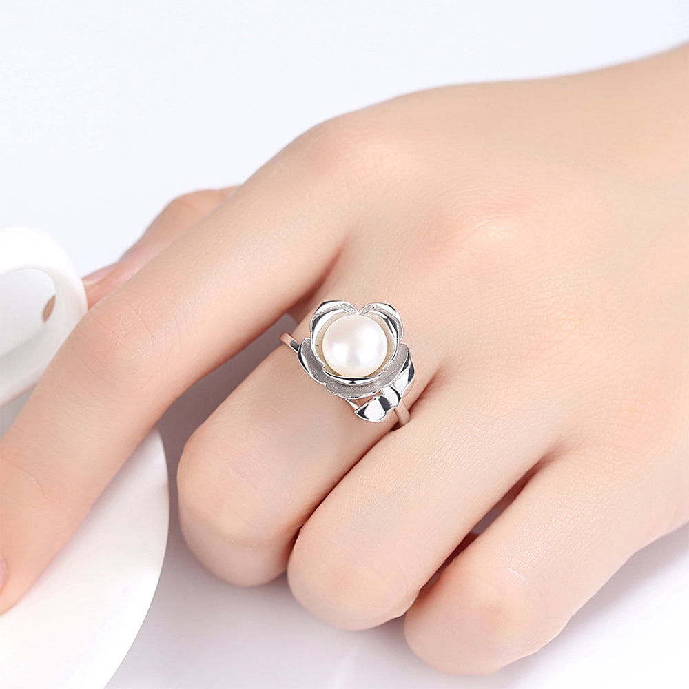 925 Sterling Silver Natural Pearl Ring Fashion Jewelry Gift for Women Girls