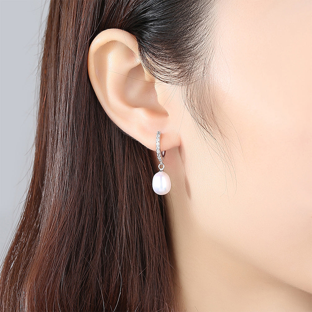 925 Sterling Silver Natural Pearl Drop Huggie Earrings Fashion Jewelry Gift for Women Girls