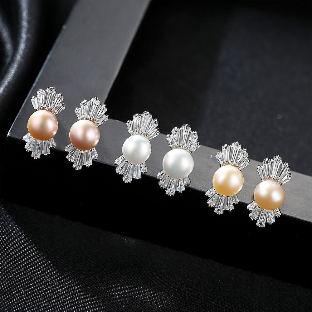 925 Sterling Silver Natural Pearl Stud Earrings Fashion Jewelry Gift for Women Girl