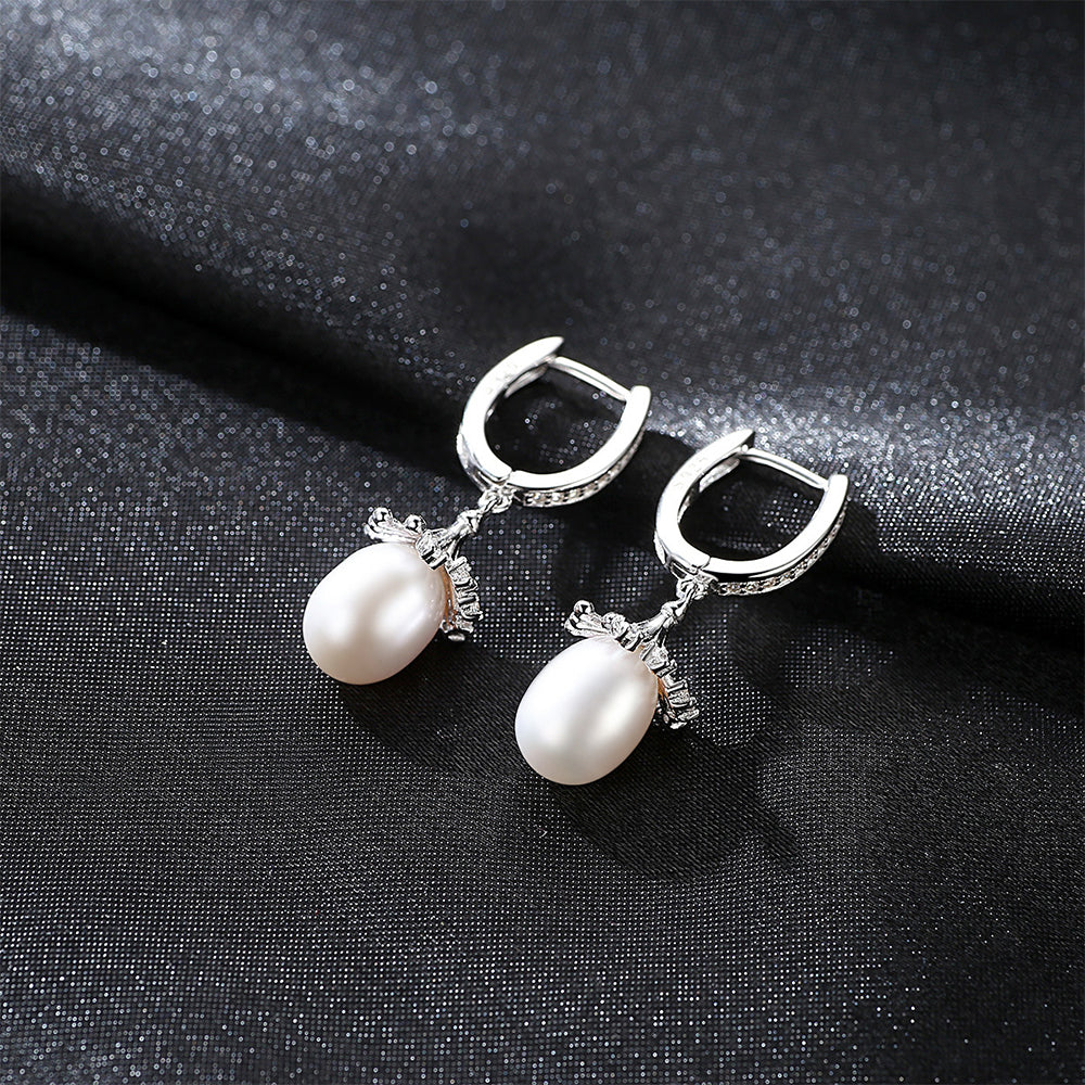 925 Sterling Silver Natural Pearl Drop Huggie Earrings Fashion Jewelry Gift for Women Girls