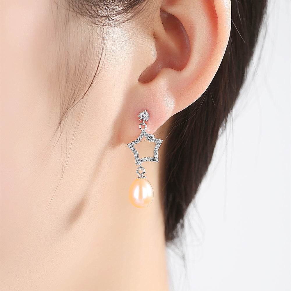 925 Sterling Silver Natural Pearl Long Drop Earrings Fashion Jewelry Gift for Women Girls