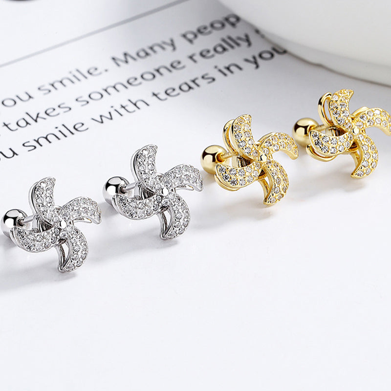 925 Sterling Silver Windmill Screw Back Stud Earrings